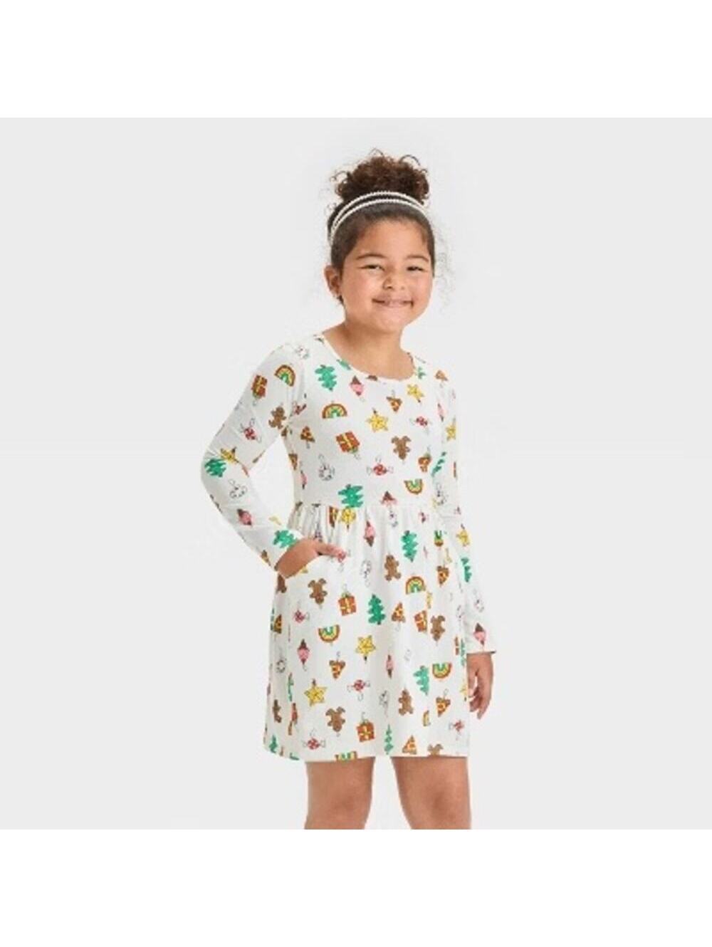 Cat & Jack NWT Girls' White Multi Print Long Sleeve Christmas Dress XS (4/5)